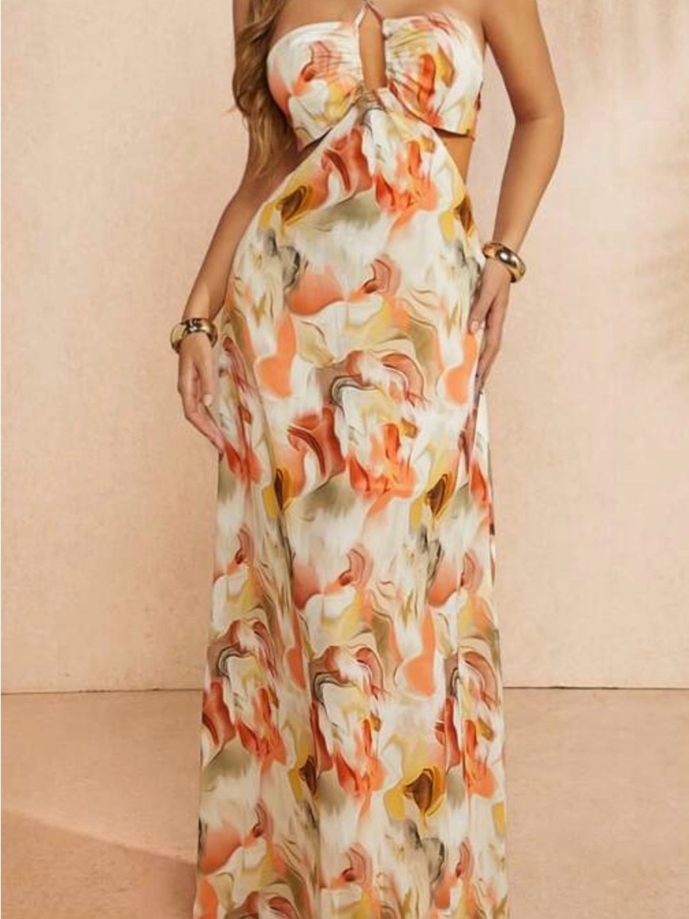Strapless Twist Front Maxi Dress in Peach Swirl